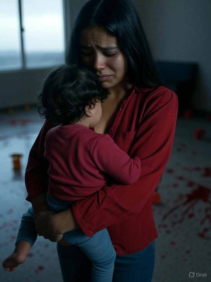 mujer asustada abraza a su hijo