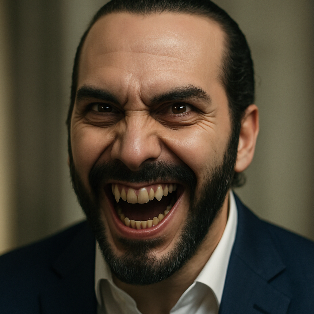 Bukele cara de malvado muestra colmillos