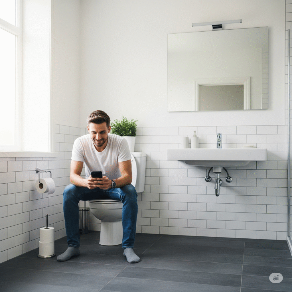 Hombre orina sentado celular