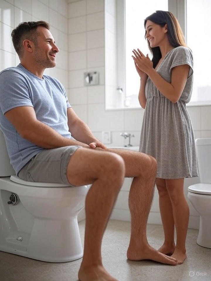 Hombre orina sentado frente a su esposa