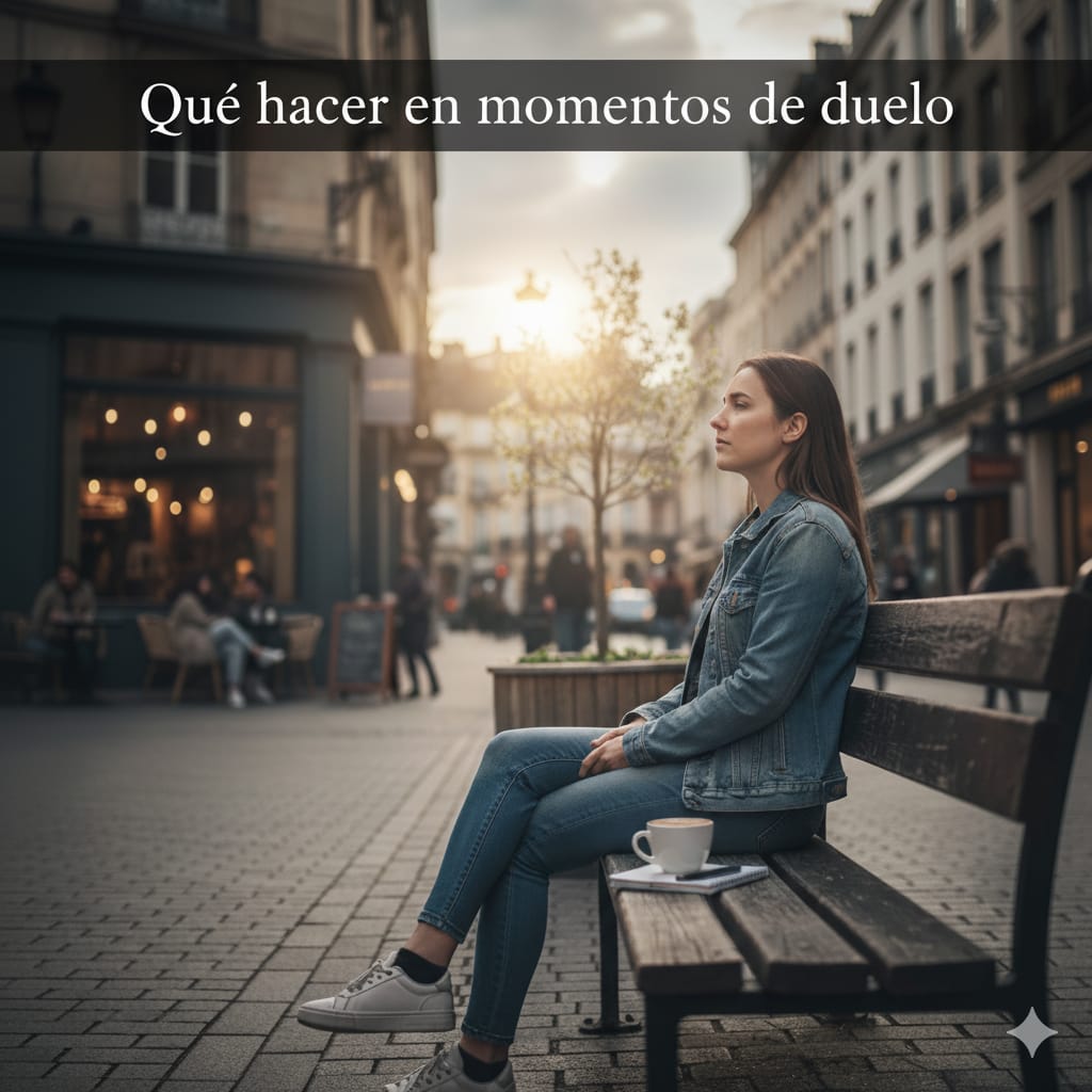 mujer en duelo pensando en una banca