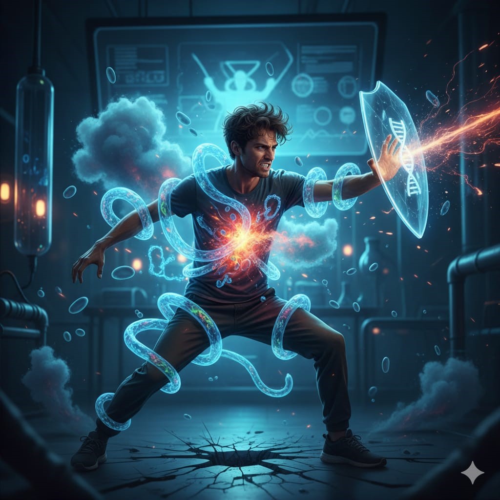 Autoinmunidad hombre futurista defiende con escudo Autoinmunidad hombre futurista defiende con escudo