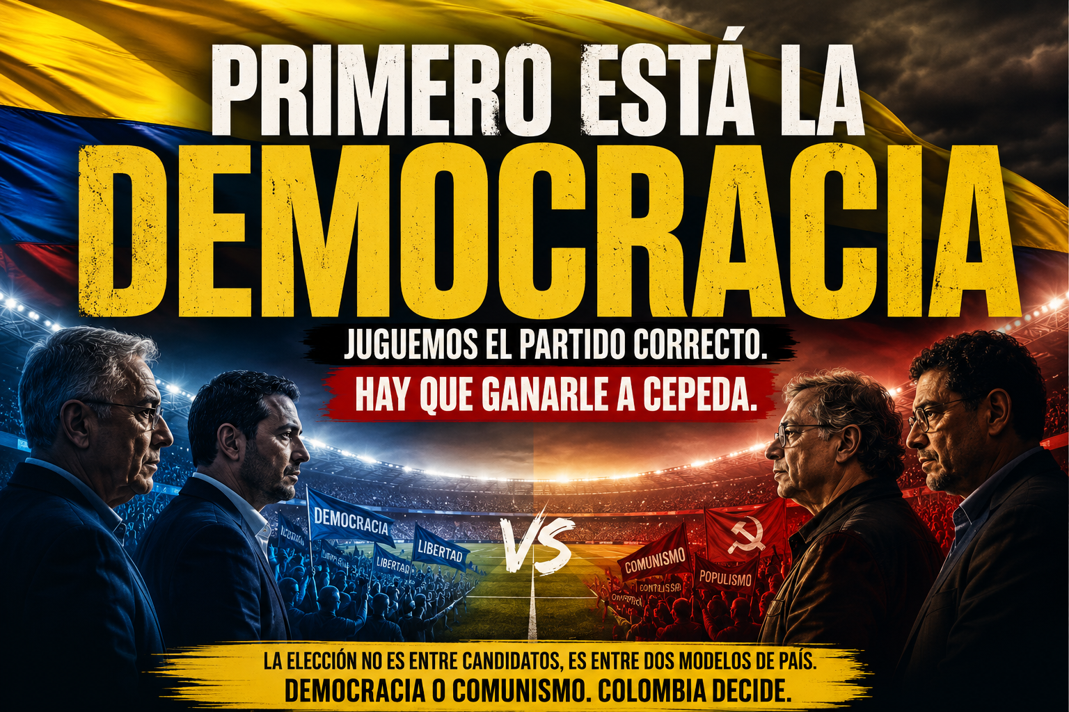 Portada PRIMERO ESTÁ LA DEMOCRACIA. JUGUEMOS EL PARTIDO CORRECTO. HAY QUE GANARLE A CEPEDA. portada